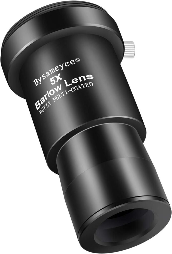 Bysameyee Barlow Lens 5X, 1.25-Inch Fully Multi-Coated Blackened Metal Optical Glass with T Adapter M42 Thread for Astronomic Telescope Eyepiece