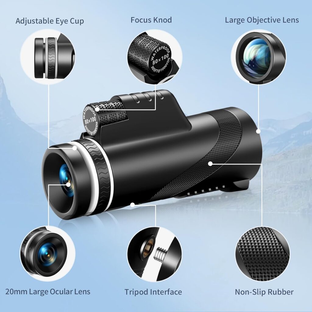 80x100 Monocular Telescope, Eullsi HD Monocular for Adults with Smartphone Adapter  Tripod, Compact Monocular for Bird Watching Hiking Camping Hunting Wildlife Travel (Black)