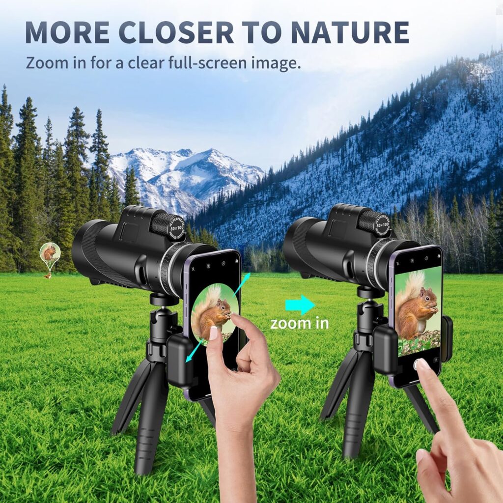 80x100 Monocular Telescope, Eullsi HD Monocular for Adults with Smartphone Adapter  Tripod, Compact Monocular for Bird Watching Hiking Camping Hunting Wildlife Travel (Black)