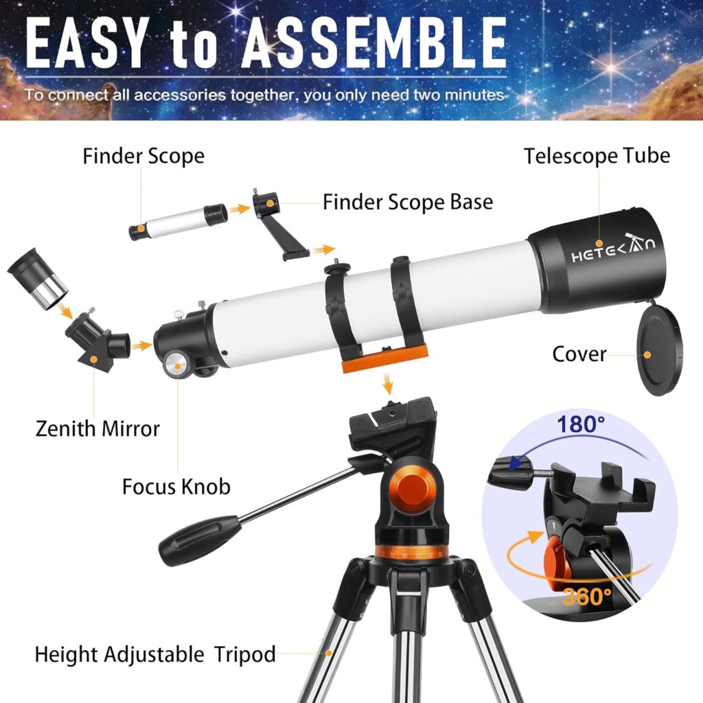 Hetekan Telescopes for Adults Astronomy, Telescope 90mm Aperture 700mm for Adults Kids  Beginners,Refractor Telescope with Tripod, Finderscope and Phone Adapter
